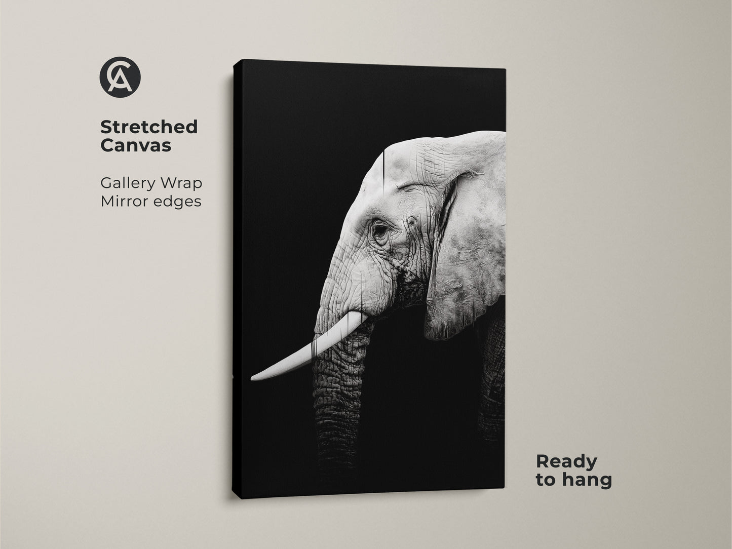 Stretched canvas print of a black and white elephant. The gallery wrap features mirrored edges and is ready to hang. This contemporary animal decor is ideal for safari themed wall art.