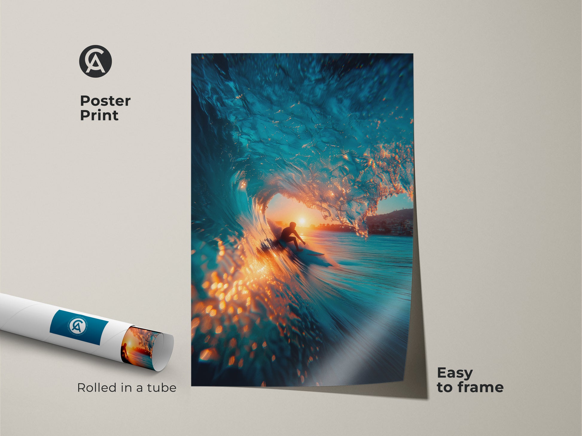 Immerse yourself in the beauty of the ocean with this surfer artwork. A surfer is riding inside a blue wave during sunset. This museum-quality poster print is rolled in a tube. Easy to frame add a touch of surf art to your home decor.