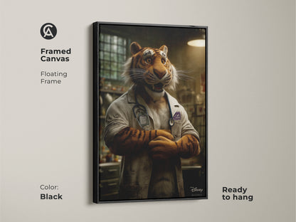 A framed canvas artwork of a tiger doctor. It features a floating frame in black. The artwork is ready to hang. It adds a touch of whimsy and sophistication to any room. The art combines animal and medical themes.