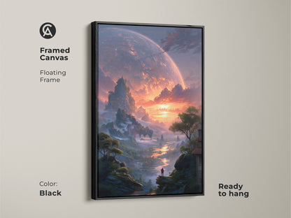 Framed canvas in a floating black frame featuring sci-fi artwork. The art depicts an alien planet landscape. Ready to hang this epic fantasy print is perfect for any room. Enjoy the dreamy distant planet view with contemporary flair. This artwork sparks imagination.