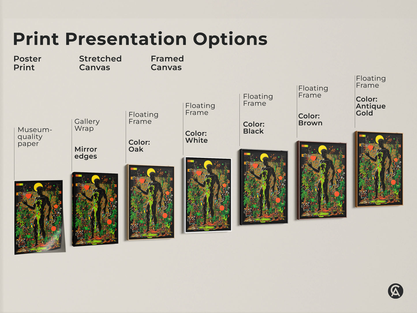 Print presentation options for psychedelic botanical wall art. Choose from poster stretched or framed canvas. A surreal man print in black orange and green. Unique wall decor options in various frame colors.