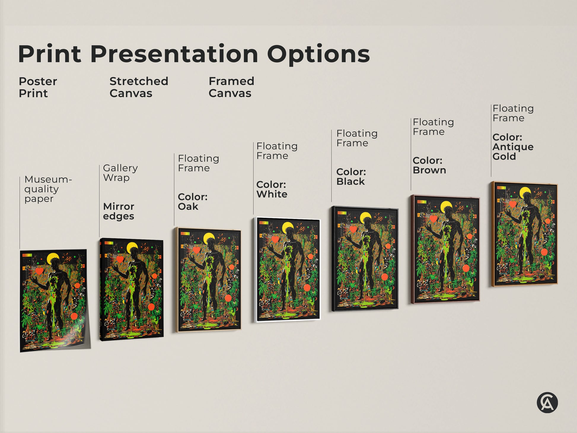 Print presentation options for psychedelic botanical wall art. Choose from poster stretched or framed canvas. A surreal man print in black orange and green. Unique wall decor options in various frame colors.