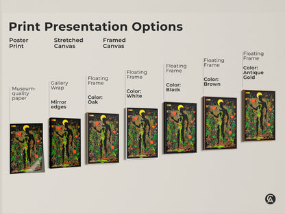 Print presentation options for psychedelic botanical wall art. Choose from poster stretched or framed canvas. A surreal man print in black orange and green. Unique wall decor options in various frame colors.