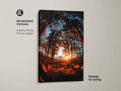 Stretched canvas artwork showcasing a forest at sunset. Gallery wrapped with mirror edges and ready to hang. This canvas art brings nature indoors. The sun sets behind distant tents. Buy this stunning nature scene today.