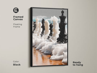 Framed canvas featuring abstract chess art. A floating frame enhances this surreal ocean waves art. The black frame complements the black and white chess print. Ready to hang in any office. Find unique office wall decor art.
