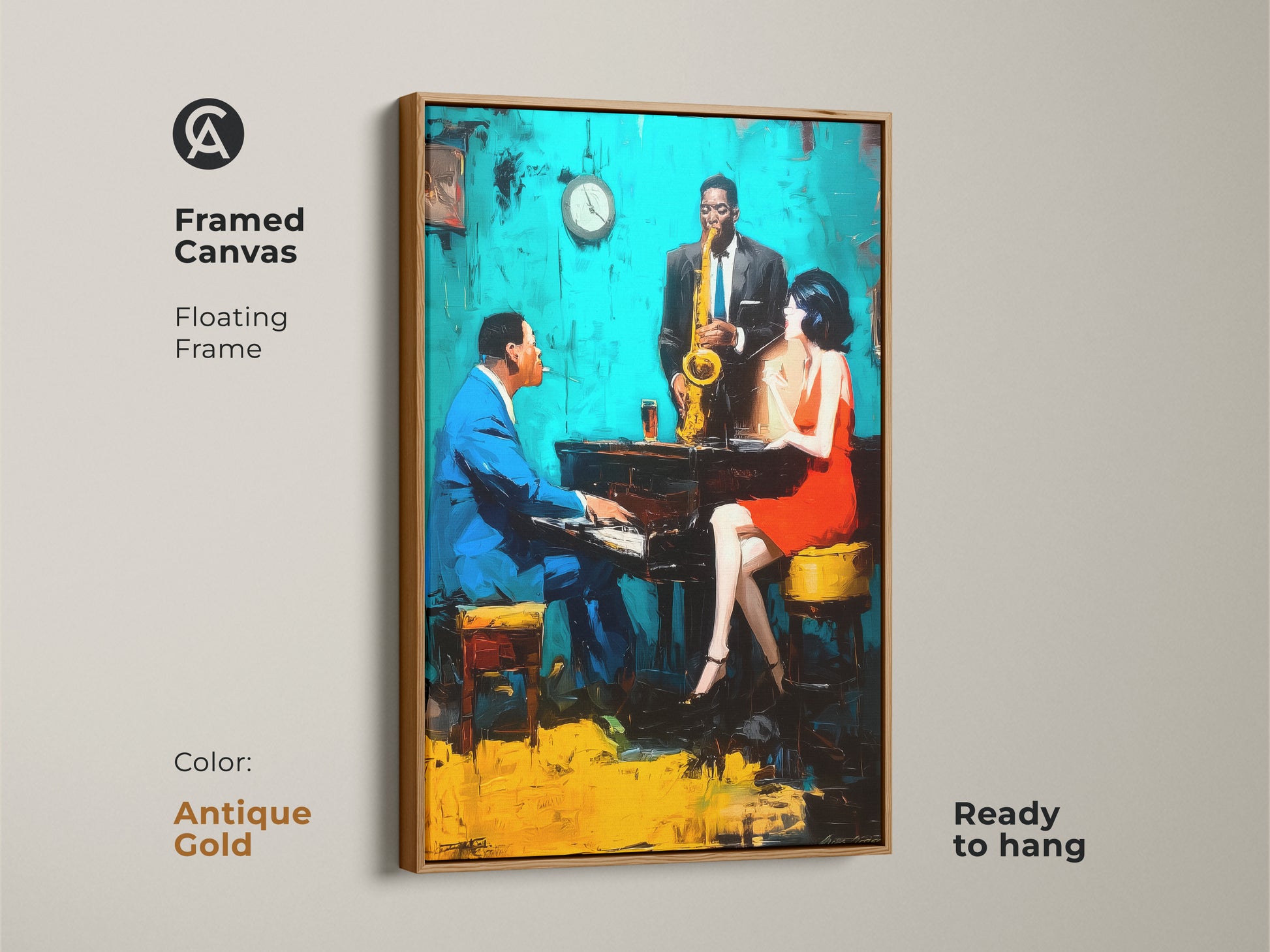 Bring a touch of vintage charm to your home with this framed canvas print. The antique gold floating frame complements the vibrant jazz club artwork. It features a pianist saxophonist and a woman in a red dress. Shop now for a timeless piece!