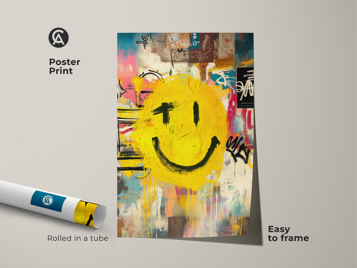 A poster print shows a yellow smiley face. The face is depicted in a graffiti style. The artwork is rolled in a tube for protection. It is easy to frame this unique wall art for any space.