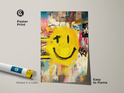 A poster print shows a yellow smiley face. The face is depicted in a graffiti style. The artwork is rolled in a tube for protection. It is easy to frame this unique wall art for any space.