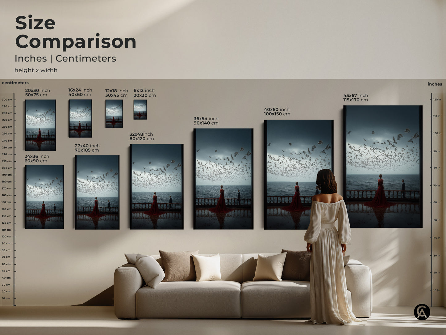 This size comparison illustrates coastal couple art in inches and centimeters. Artwork sizes range from small to large. Visualize how the romantic anniversary gift fits in your living space. See the impact of this modern seascape canvas on your home decor.