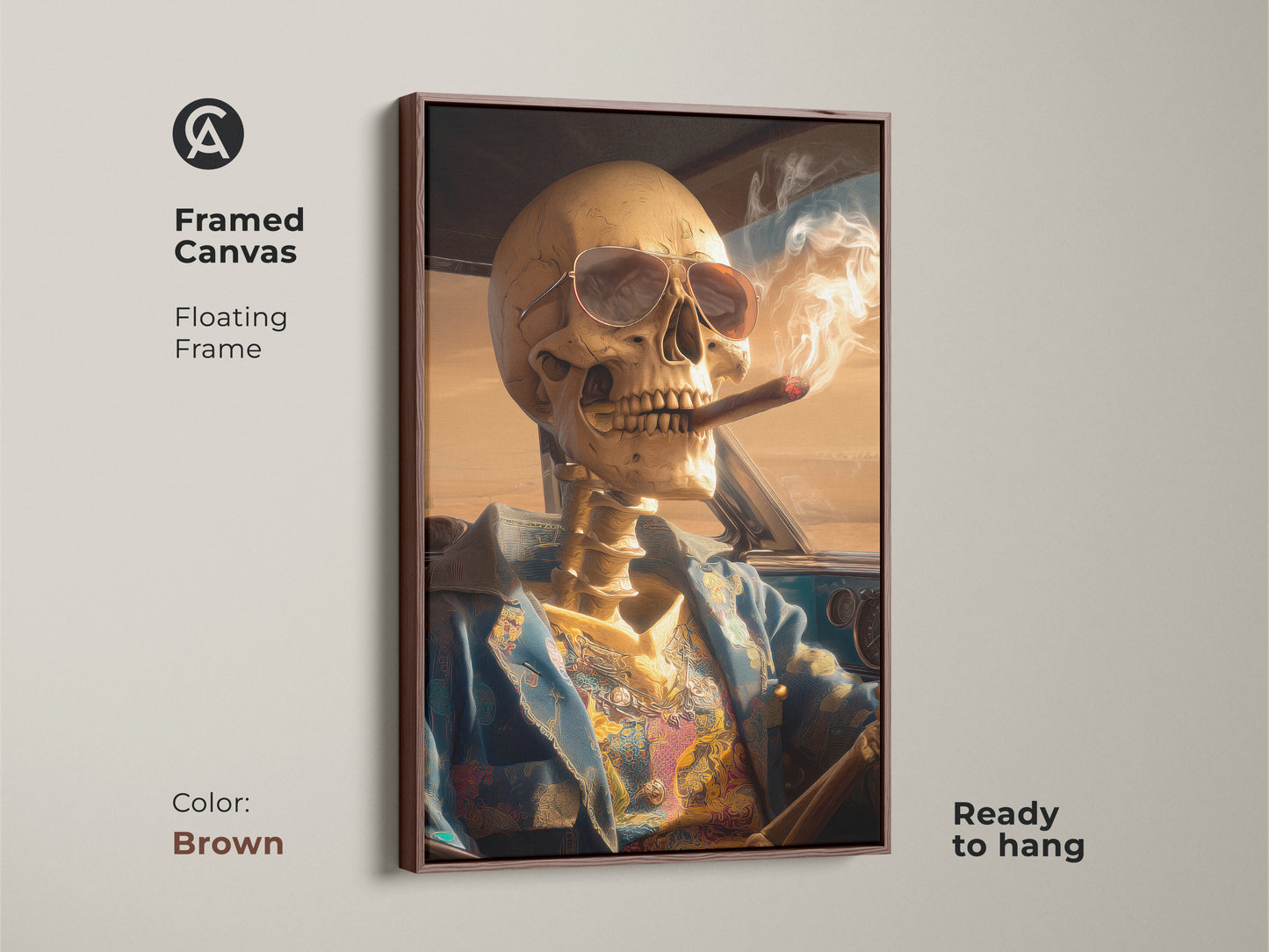 A framed canvas features a skeleton driving a car. The frame is a floating frame and the color is brown. The skeleton is wearing sunglasses and smoking a cigar. Ready to hang this artwork is a great focal point. It is a unique piece of art.