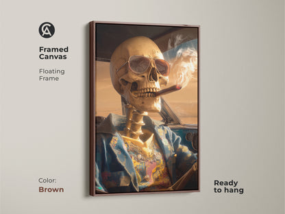 A framed canvas features a skeleton driving a car. The frame is a floating frame and the color is brown. The skeleton is wearing sunglasses and smoking a cigar. Ready to hang this artwork is a great focal point. It is a unique piece of art.