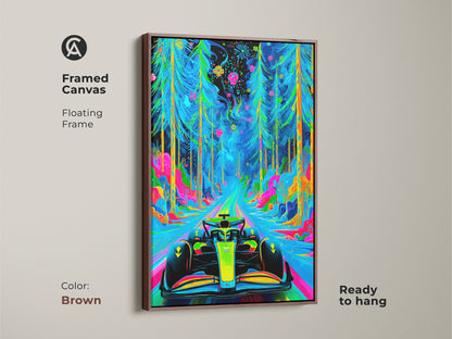 Enhance your wall decor with a framed F1 art print. This vibrant canvas showcases an abstract car speeding through a neon forest. The brown floating frame adds warmth and style. Ready to hang this artwork offers a blend of speed and nature.