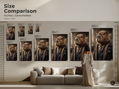 A size comparison presents the capybara art in dimensions from 20x30 cm to 45x67 inches. The tan blue and brown artwork features a dapper animal with glasses displayed above a sofa giving a sense of scale for your living room.