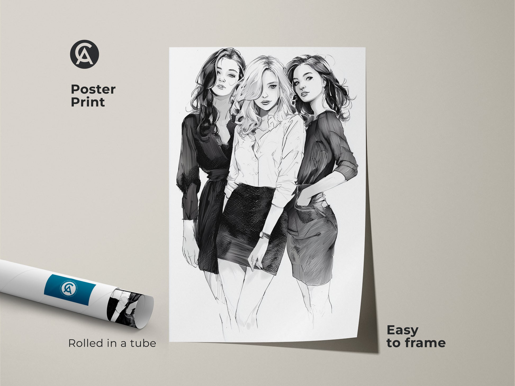 Poster print featuring a black and white fashion sketch of three women. Rolled in a tube this monochrome line art print is easy to frame. A modern art print for living room spaces.
