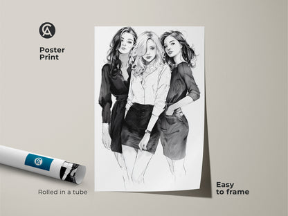 Poster print featuring a black and white fashion sketch of three women. Rolled in a tube this monochrome line art print is easy to frame. A modern art print for living room spaces.