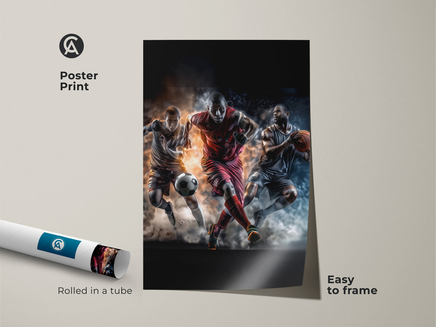 Poster print featuring a dynamic sports scene with soccer football and basketball players. The print arrives rolled in a tube. Easy to frame and hang this sports art.