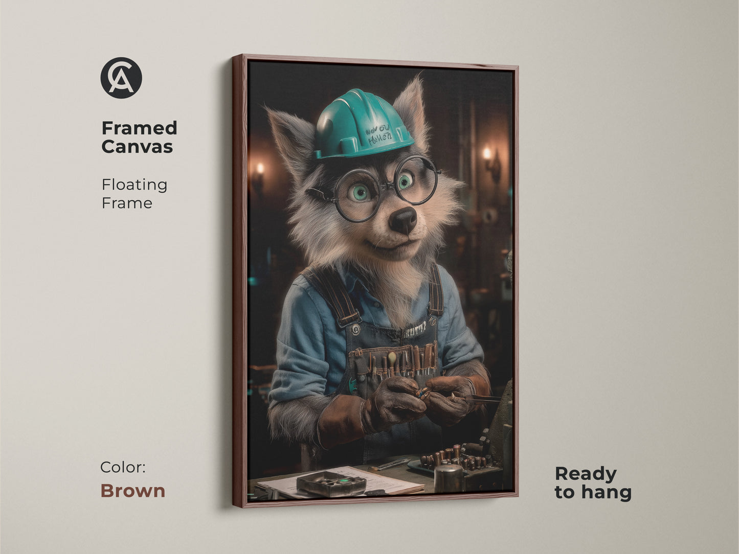 Framed wolf mechanic canvas art with antique gold floating frame. The art shows a wolf character in a teal hard hat. Ready to hang the print enhances creative workspaces. The piece makes a thoughtful gift for animal lovers.