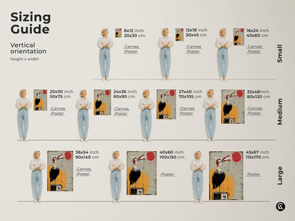 Discover the sizing guide for surreal bird artwork canvas and posters. See how each size fits various spaces. This eclectic art shows a bird on a vintage radio with red yellow grey colors. Perfect for art collectors looking to enhance a study office or give a unique housewarming gift add retro charm to your walls.