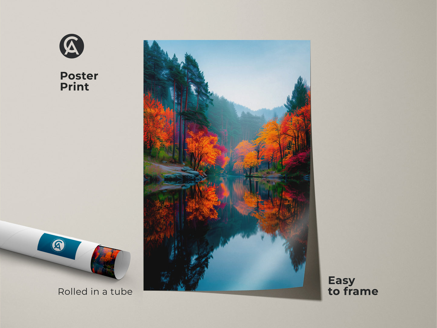 Poster print of a serene autumn forest scene. The landscape art captures the beauty of fall foliage. Rolled in a tube for easy framing. Elevate your space with nature inspired wall art.