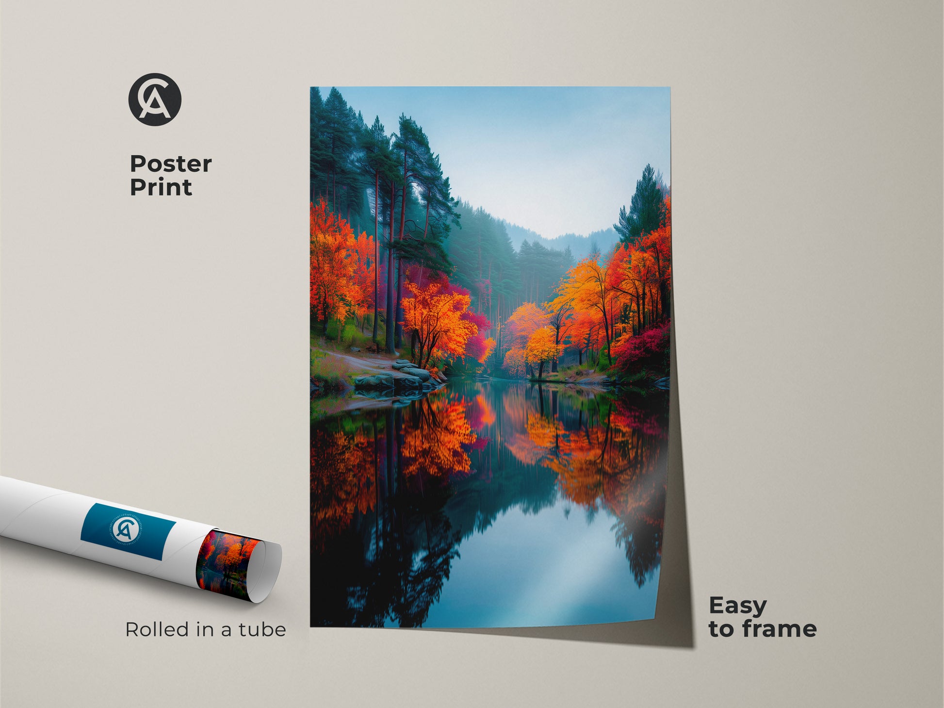 Poster print of a serene autumn forest scene. The landscape art captures the beauty of fall foliage. Rolled in a tube for easy framing. Elevate your space with nature inspired wall art.