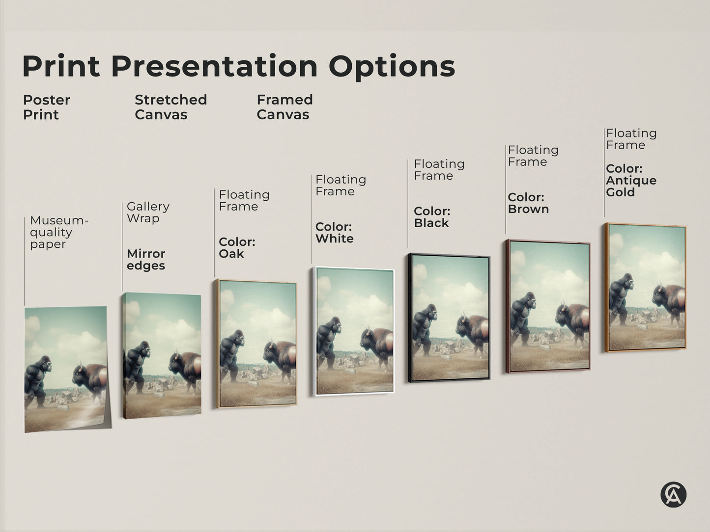 Print presentation options for a surreal Gorilla vs Bison artwork. Choose from poster print stretched canvas or framed canvas. Available with floating frames in various colors. Eclectic art for office or home decor. Muted greens.
