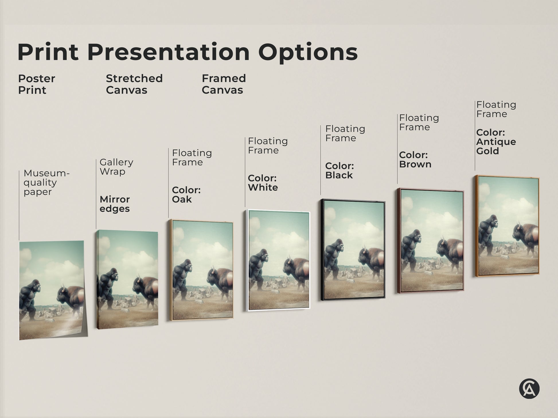 Print presentation options for a surreal Gorilla vs Bison artwork. Choose from poster print stretched canvas or framed canvas. Available with floating frames in various colors. Eclectic art for office or home decor. Muted greens.