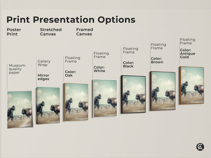 Print presentation options for a surreal Gorilla vs Bison artwork. Choose from poster print stretched canvas or framed canvas. Available with floating frames in various colors. Eclectic art for office or home decor. Muted greens.