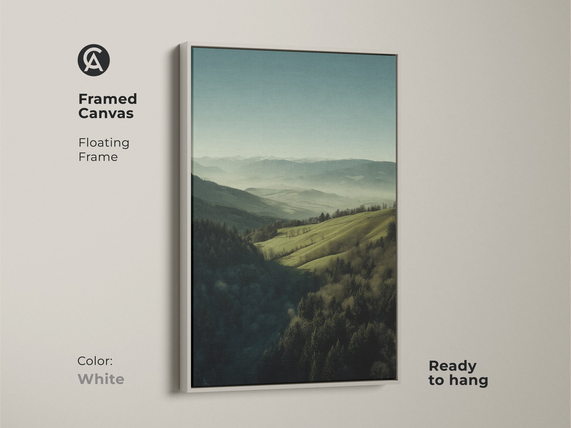 Framed canvas featuring a forest green and misty blue landscape. White floating frame. Ready to hang. The mountain hills nature wall art is ideal for bedroom decor. It makes a great housewarming gift for outdoor enthusiasts. The artwork brings a serene escape.