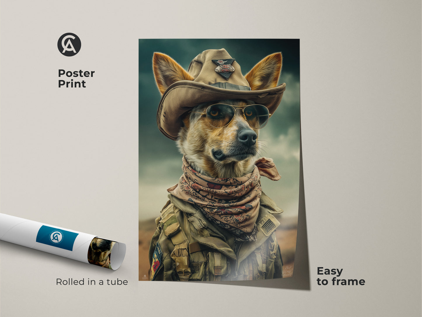 Discover this unique cowboy dog art print. This poster print features a dog in a hat and sunglasses. Rolled in a tube it’s easy to frame. The surreal dog pop art makes a cool statement piece. Perfect dog lover gift for eclectic decor.