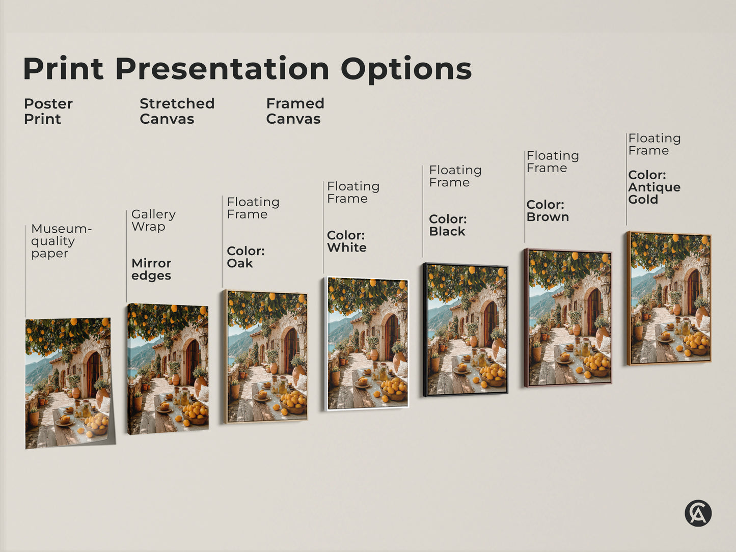 Explore print presentation options for this Mediterranean lemon tree art. Choose from poster prints stretched canvases and framed canvases. Various frame colors like black brown antique gold white and oak are available to match any decor style.