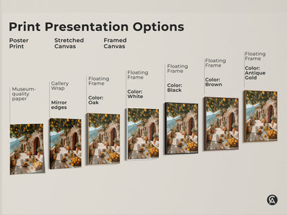 Explore print presentation options for this Mediterranean lemon tree art. Choose from poster prints stretched canvases and framed canvases. Various frame colors like black brown antique gold white and oak are available to match any decor style.