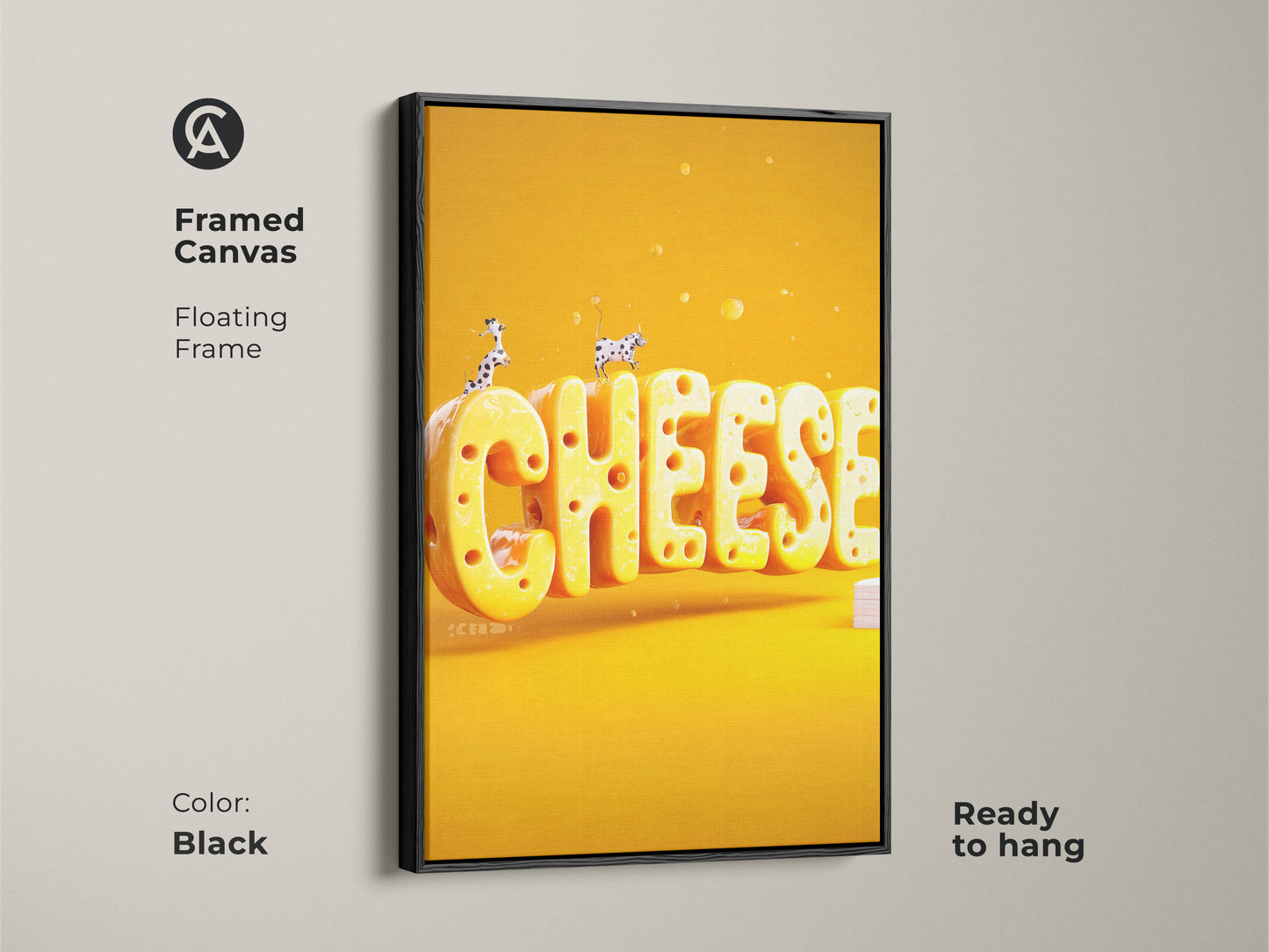 Framed canvas in black featuring the word CHEESE in a 3D yellow render. The floating frame adds a modern touch. Ready to hang this kitchen wall art brings humor. This piece makes a unique housewarming gift for foodies.