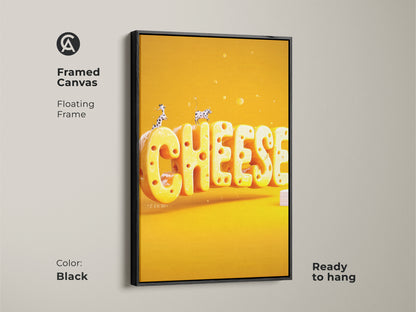 Framed canvas in black featuring the word CHEESE in a 3D yellow render. The floating frame adds a modern touch. Ready to hang this kitchen wall art brings humor. This piece makes a unique housewarming gift for foodies.
