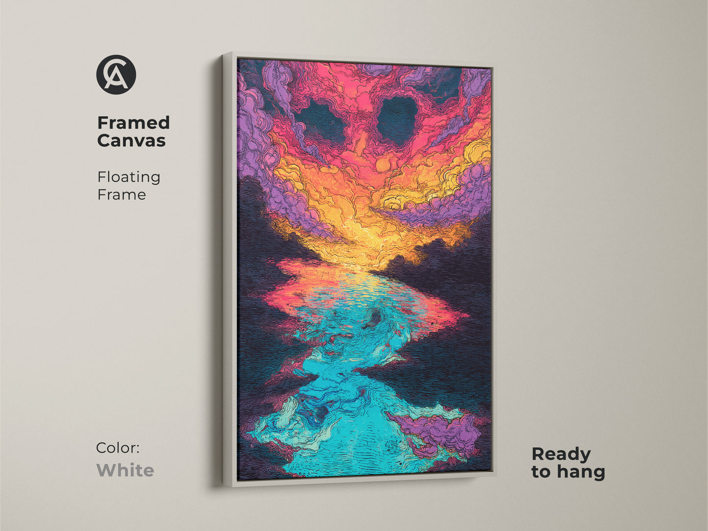 Framed canvas print displaying an abstract sunset over water. This canvas is set in a floating white frame and ready to hang. The vibrant colors in the artwork include pink orange and blue.