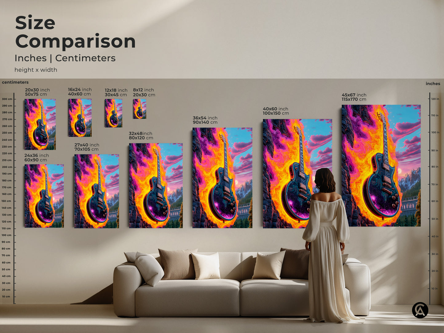 Size comparison of psychedelic electric guitar artwork on canvas. Inches and centimeters are shown for various sizes. Abstract cosmic mountain landscape art adds vibrant intense colors to your space. Eclectic wall decor for music lovers with artistic flair. Unique musician gift.