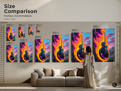 Size comparison of psychedelic electric guitar artwork on canvas. Inches and centimeters are shown for various sizes. Abstract cosmic mountain landscape art adds vibrant intense colors to your space. Eclectic wall decor for music lovers with artistic flair. Unique musician gift.