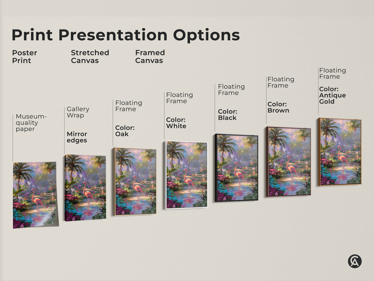 Explore print presentation options for flamingo artwork. Choose from poster prints or stretched canvas. Select a framed canvas with various floating frame colors. Find the perfect style to match your decor. Enhance your space.