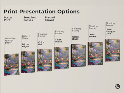 Explore print presentation options for flamingo artwork. Choose from poster prints or stretched canvas. Select a framed canvas with various floating frame colors. Find the perfect style to match your decor. Enhance your space.