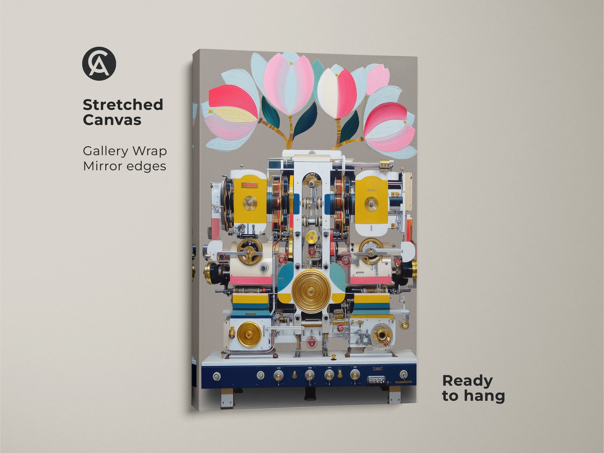 Stretched canvas of surreal machine art print. This steampunk abstract canvas wall art features yellow and teal colors. Gallery wrapped with mirrored edges. This botanical machine art is ready to hang. It is a unique gift idea for tech lovers adding an imaginative touch to office workspace art or eclectic home decor.