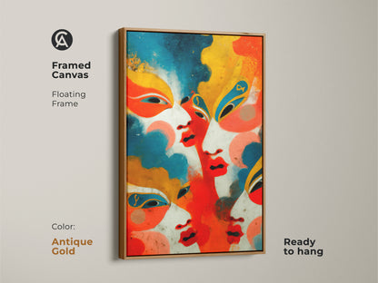 Antique gold framed canvas displays an abstract faces artwork with geometric flair. The floating frame highlights the vibrant red orange and blue colors. Perfect as eclectic bedroom art and a unique wall hanging gift. Ready to hang.
