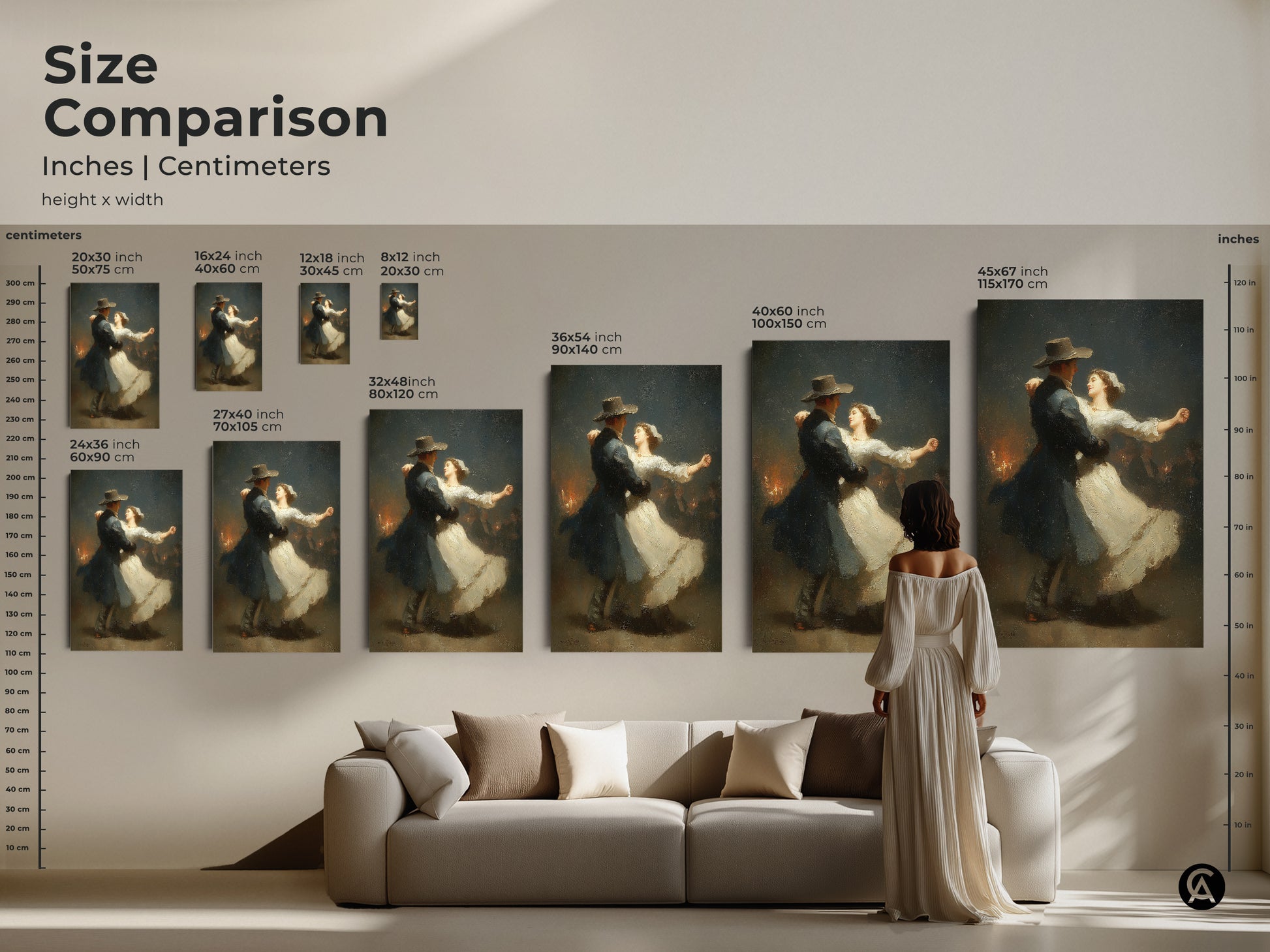 Compare sizes of this romantic dance art. Visualize how it fits in your living room. This classical Victorian couple art is perfect above a sofa. The dark blue and white painting enhances any space. An ideal anniversary gift for couples. Enhance your romantic home decor today.