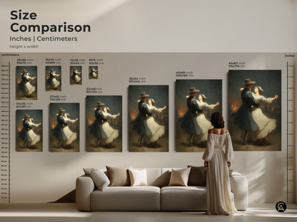 Compare sizes of this romantic dance art. Visualize how it fits in your living room. This classical Victorian couple art is perfect above a sofa. The dark blue and white painting enhances any space. An ideal anniversary gift for couples. Enhance your romantic home decor today.