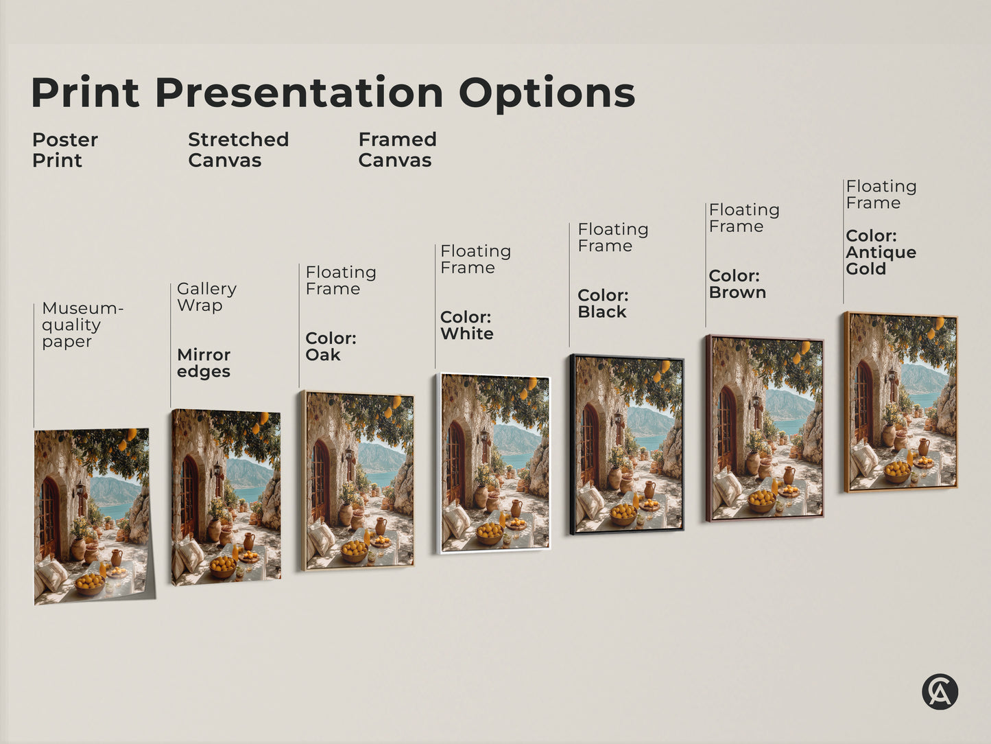 Explore print presentation options for Mediterranean Lemon Tree artwork. Choose from poster prints stretched canvas and framed canvas. Various frame colors are available for coastal and travel-inspired decor.