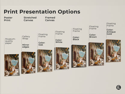 Explore print presentation options for Mediterranean Lemon Tree artwork. Choose from poster prints stretched canvas and framed canvas. Various frame colors are available for coastal and travel-inspired decor.