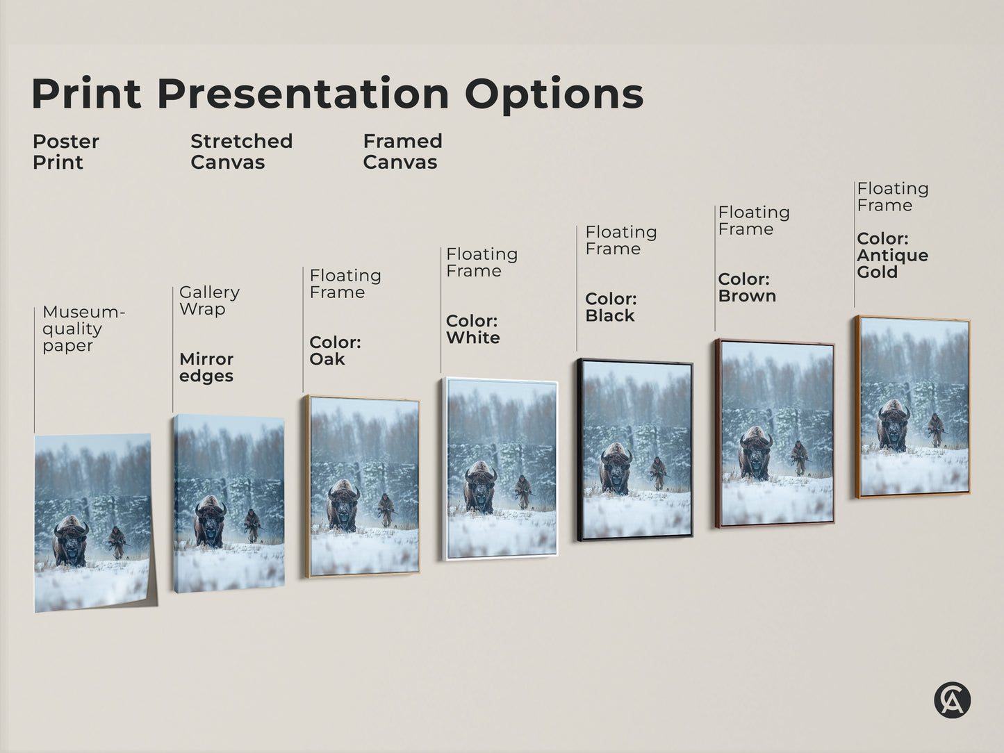 Explore print presentation options for bison artwork. Choose from poster prints stretched canvas and framed canvas. Customize your display with floating frames in various colors. Find the perfect art style to match your decor.