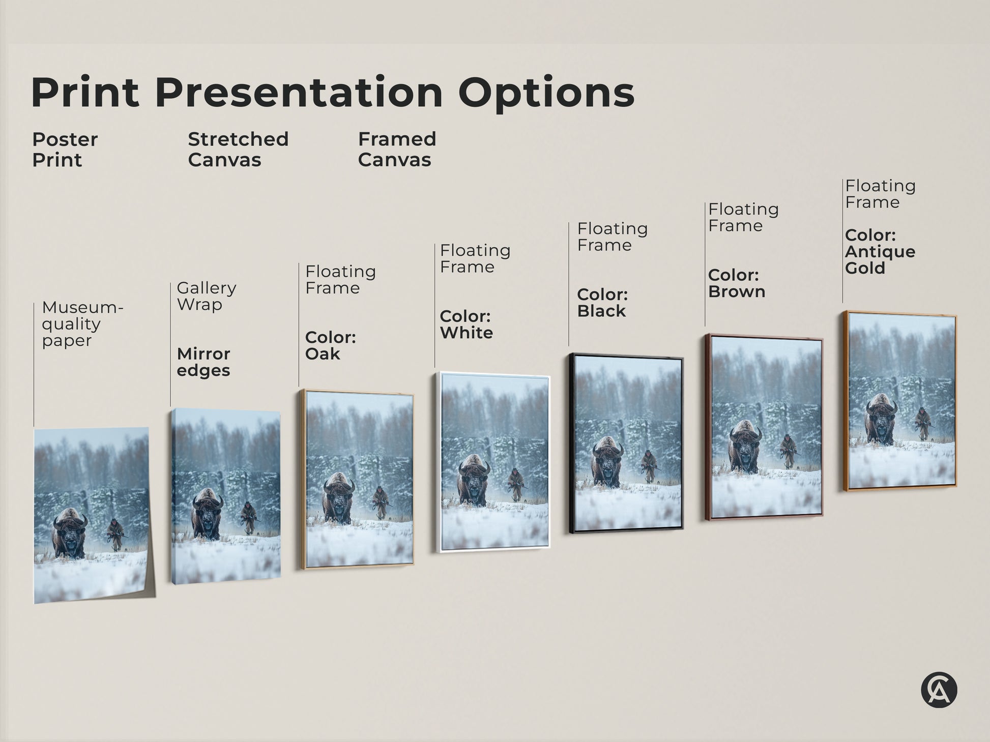 Explore print presentation options for bison artwork. Choose from poster prints stretched canvas and framed canvas. Customize your display with floating frames in various colors. Find the perfect art style to match your decor.