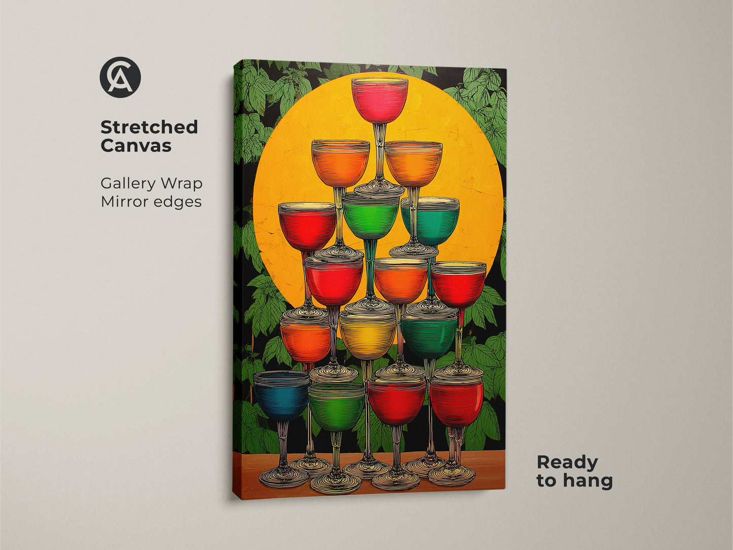 Stretched Canvas Art Deco Champagne Tower art adds colorful charm. This cocktail glasses canvas boasts a yellow orange and green palette. Perfect eclectic art for your kitchen or bar wall. The gallery wrap has mirrored edges and is ready to hang.