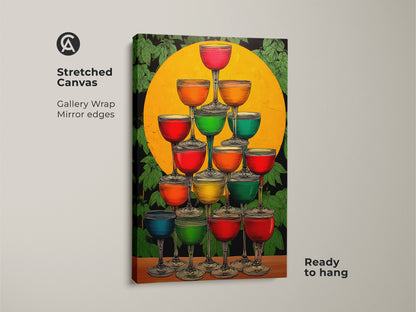 Stretched Canvas Art Deco Champagne Tower art adds colorful charm. This cocktail glasses canvas boasts a yellow orange and green palette. Perfect eclectic art for your kitchen or bar wall. The gallery wrap has mirrored edges and is ready to hang.