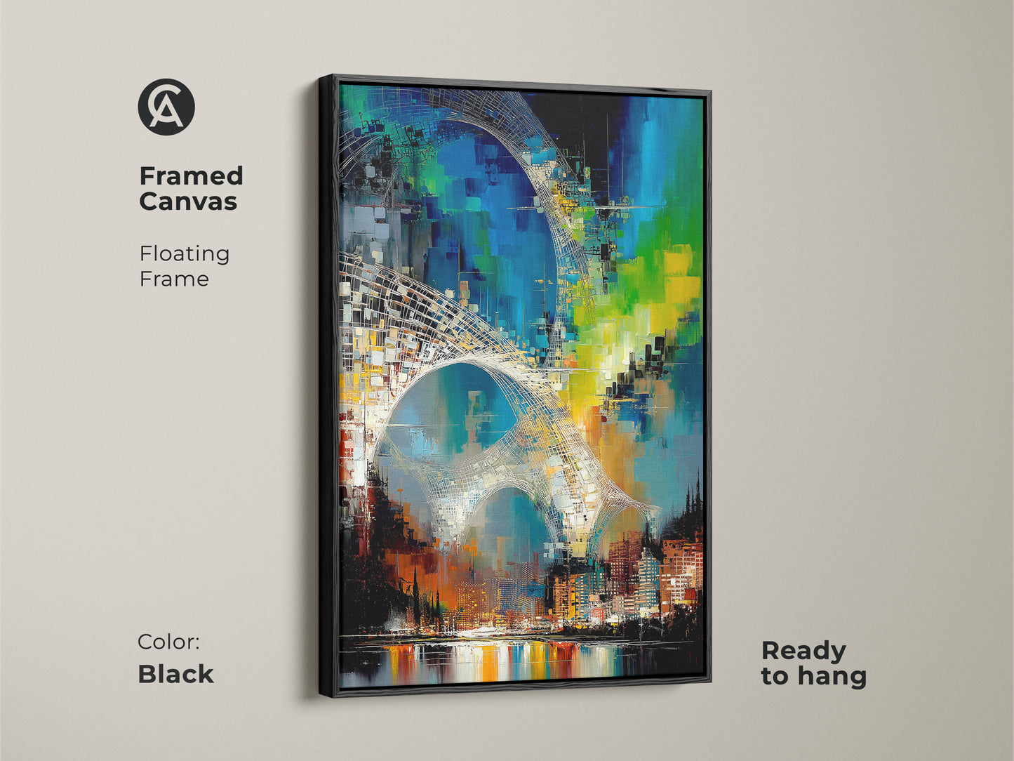 Framed canvas in black. It displays abstract cityscape art perfect for modern decor. The contemporary art for the office adds an upscale touch to any workspace. The teal skyline artwork brings a dynamic element to the decor. Ready to hang canvas print.