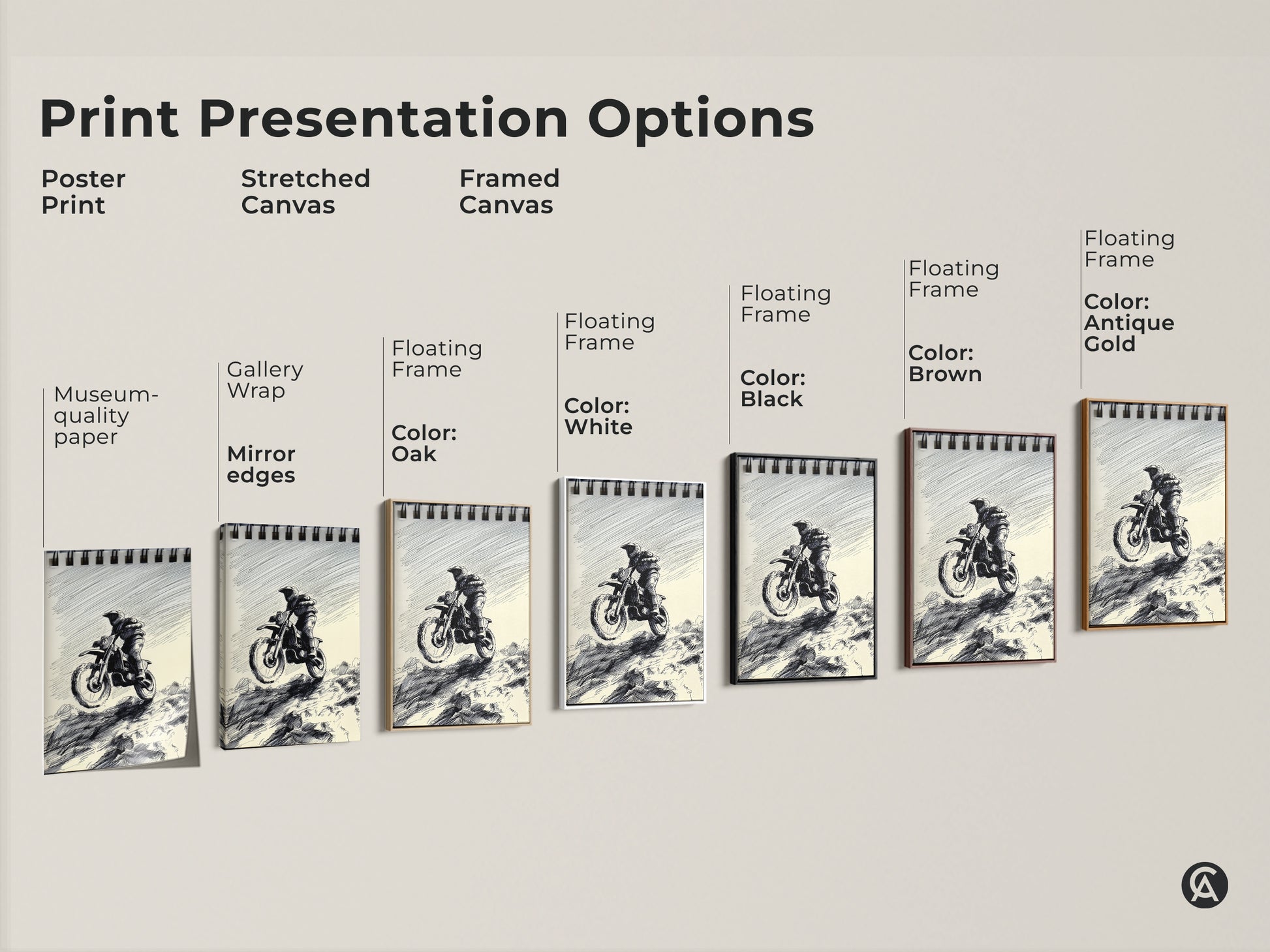 Explore various print options for Motocross Rider sketch art. Choose from poster prints stretched canvas and framed canvas. Find the perfect style to showcase this dynamic black and white ink drawing. Ideal for garages man caves or as gifts for sports enthusiasts.